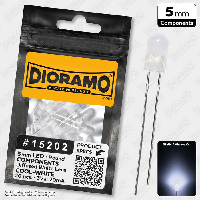 5mm Cool-White LED Components. Diffused White Lens. Round. 20 pcs.