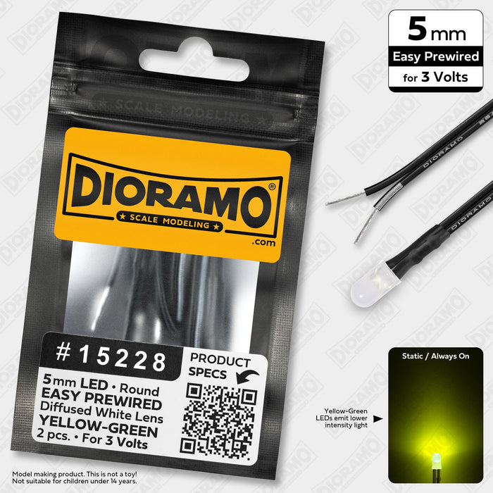5mm Yellow-Green LED. Diffused White Lens. 3V Prewired 1ft. 2 pcs.