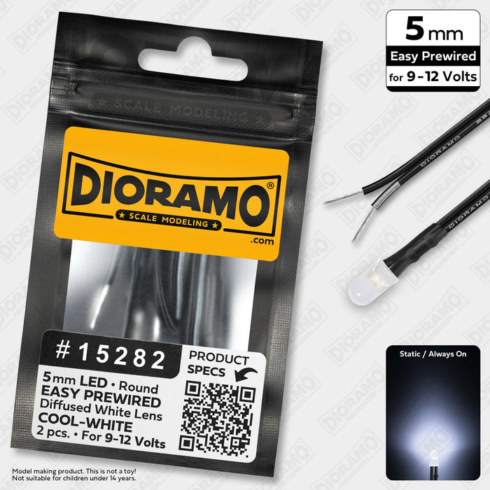 5mm Cool-White LED. Diffused White Lens. 9-12V Prewired 1ft. 2 pcs.