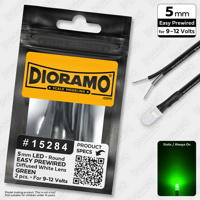 5mm Green LED. Diffused White Lens. 9-12V Prewired 1ft. 2 pcs.