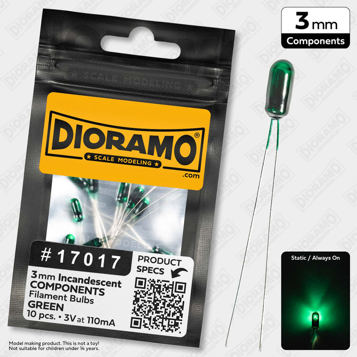 3mm Green Mini Incandescent 3V Filament Light Bulbs. 10 pcs.
