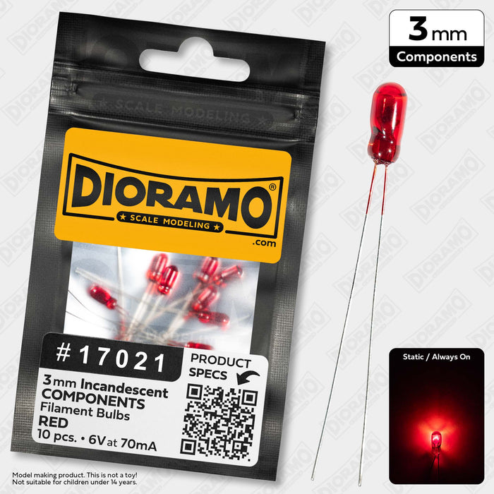 3mm Red Mini Incandescent 6V Filament Light Bulbs. 10 pcs.