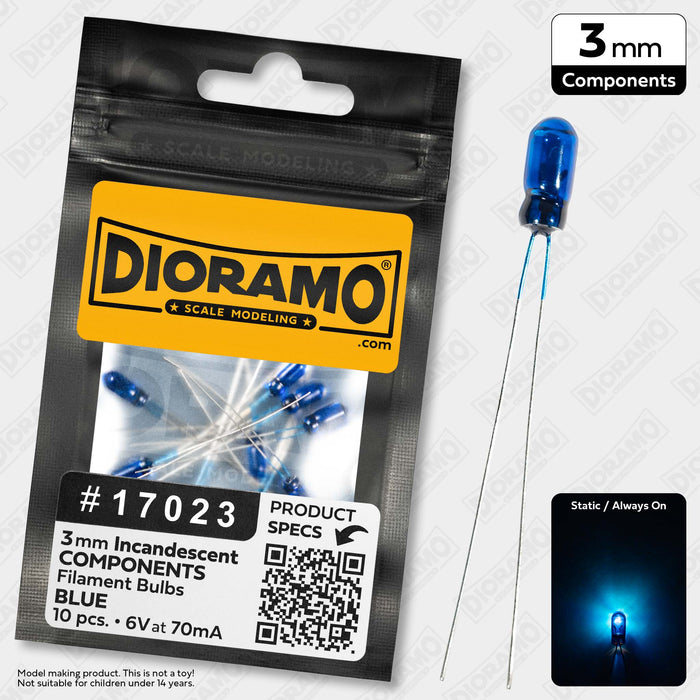3mm Blue Mini Incandescent 6V Filament Light Bulbs. 10 pcs.