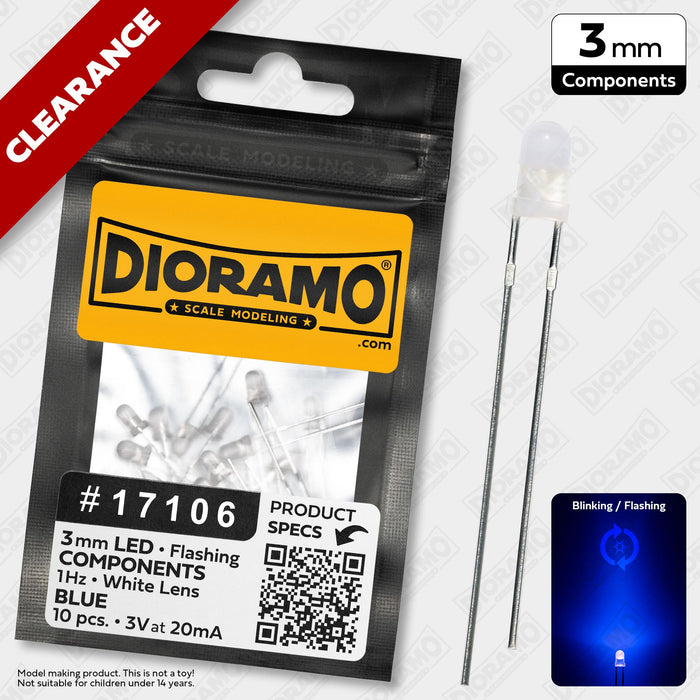 3mm Blue Flashing LED Components. 1 Hz. White Lens. Round. 10 pcs.