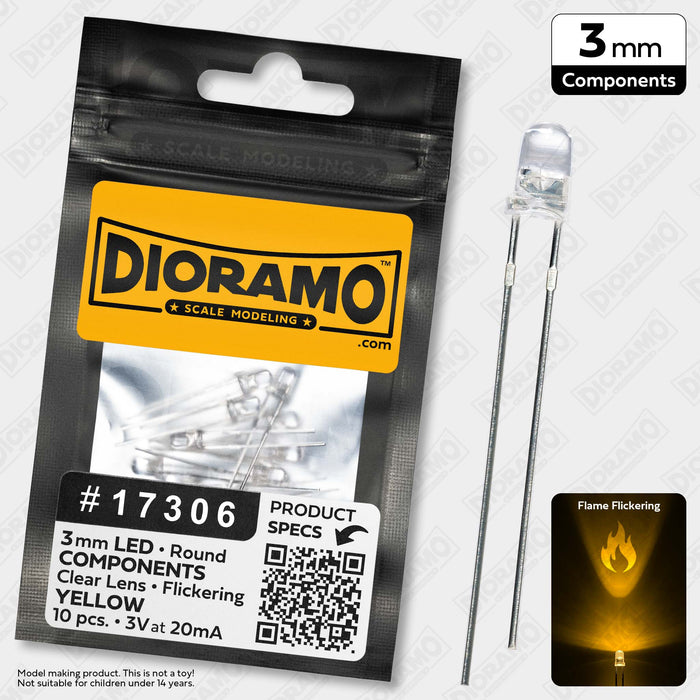 3mm Yellow Flame Flickering LED Components. Clear Lens. Round. 10 pcs.