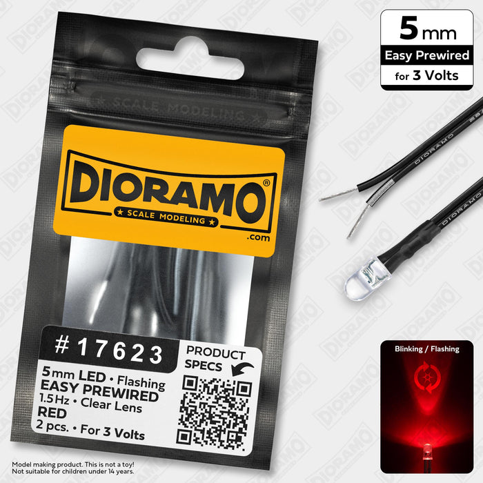 5mm Red Flashing LED. Clear Lens. 3V Prewired 1ft. 2 pcs.