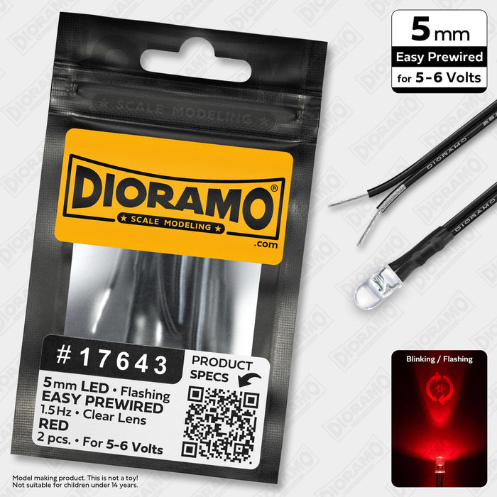 5mm Red Flashing LED. Clear Lens. 5-6V Prewired 1ft. 2 pcs.