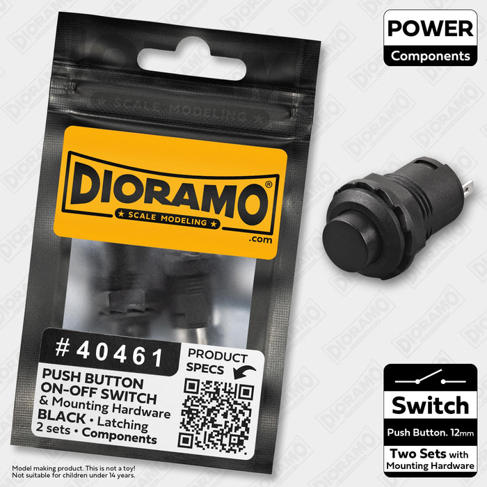 Switch ON-OFF Black 12mm Latching Push Button with Round Top. 2 pcs.