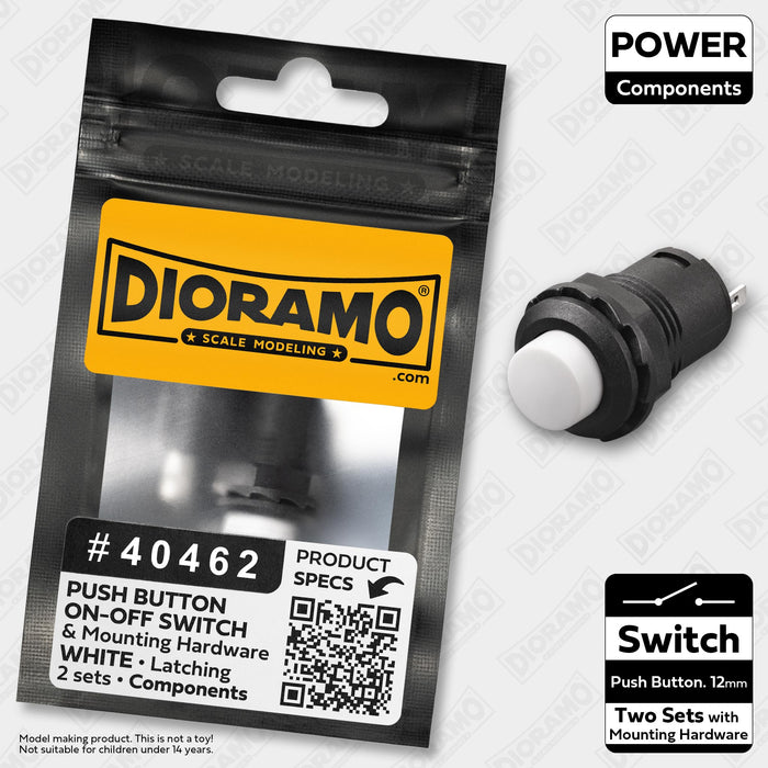 Switch ON-OFF White 12mm Latching Push Button with Round Top. 2 pcs.