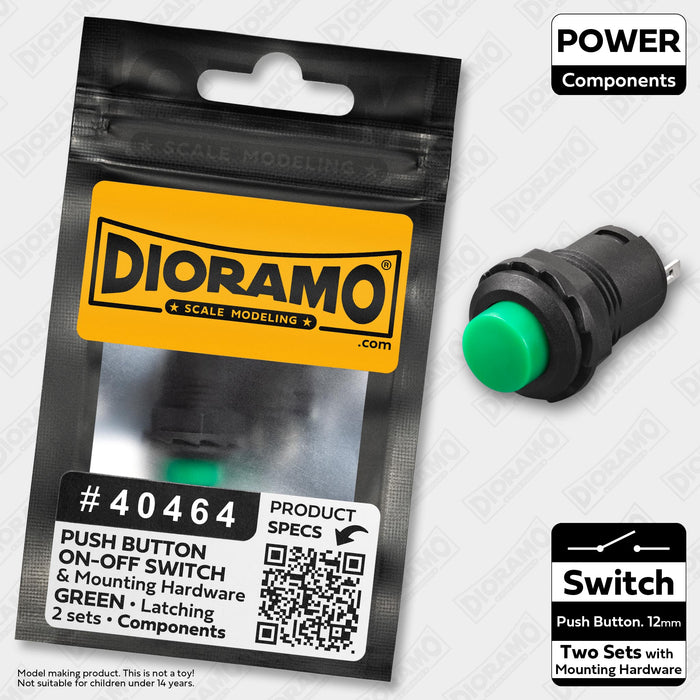 Switch ON-OFF Green 12mm Latching Push Button with Round Top. 2 pcs.