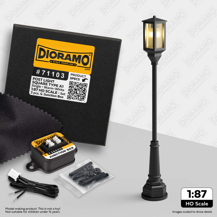 Post Light - Square Type A1 in 1:87 HO Scale. 3pc Set.