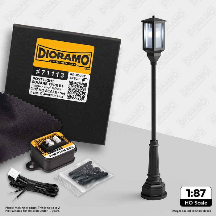 Post Light - Square Type B1 in 1:87 HO Scale. 3pc Set.