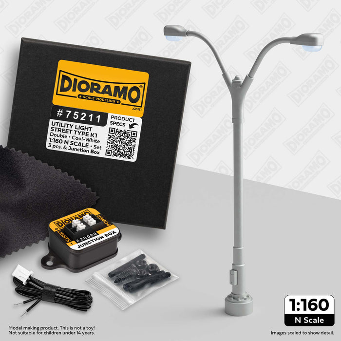 Utility Light - Street Type K1 Double in 1:160 N Scale. 3pc Set.