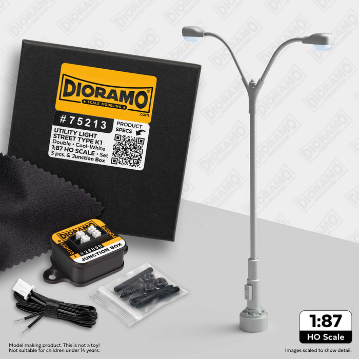 Utility Light - Street Type K1 Double in 1:87 HO Scale. 3pc Set.