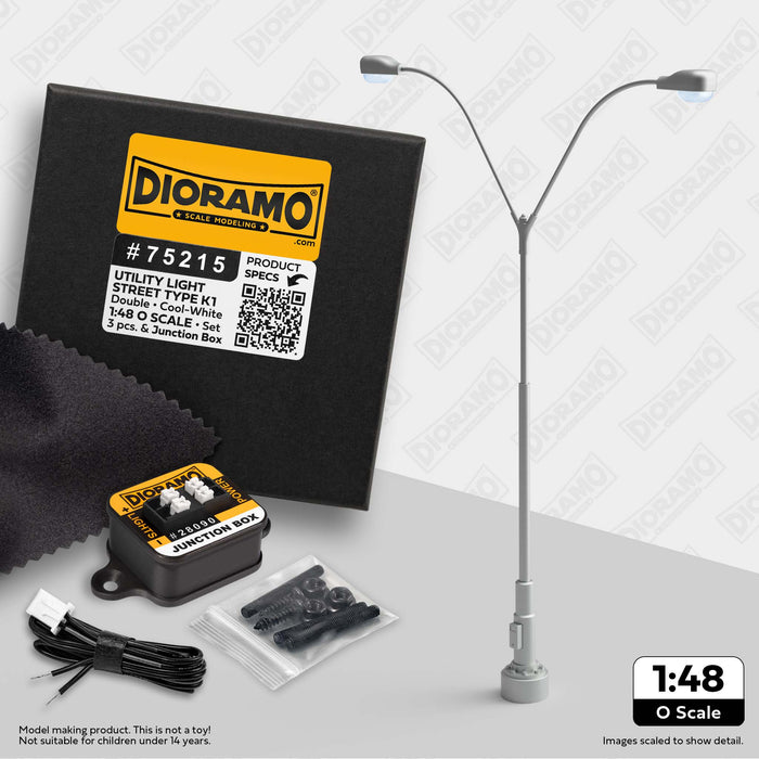 Utility Light - Street Type K1 Double in 1:48 O Scale. 3pc Set.