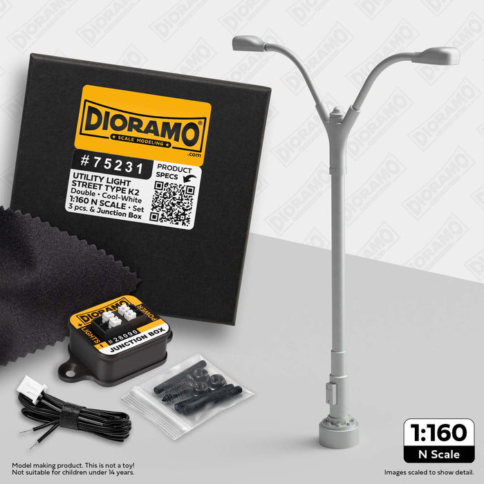 Utility Light - Street Type K2 Double in 1:160 N Scale. 3pc Set.