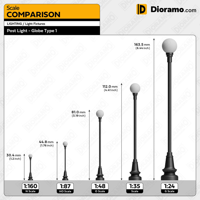Post Light - Globe Type B1 in 1:48 O Scale. 3pc Set.