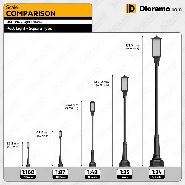 Post Light - Square Type D1 in 1:24 G Scale. 3pc Set.