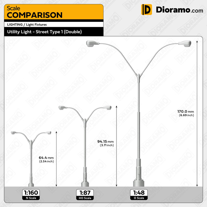 Utility Light - Street Type K1 Double in 1:48 O Scale. 3pc Set.