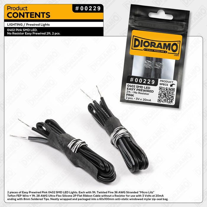 0402 Pink SMD LED. No Resistor Easy Prewired 2ft. 2 pcs.