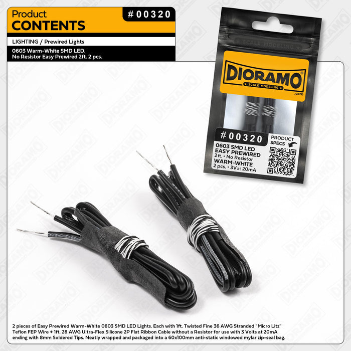 0603 Warm-White SMD LED. No Resistor Easy Prewired 2ft. 2 pcs.
