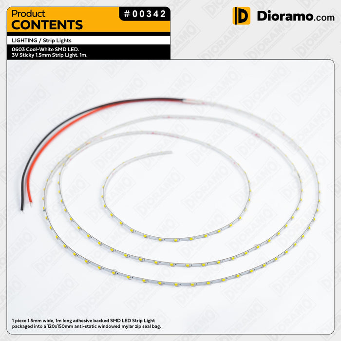 0603 Cool-White SMD LED. 3V Sticky 1.5mm Strip Light. 1m.