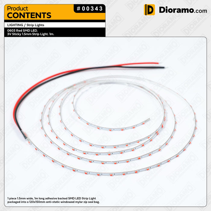 0603 Red SMD LED. 3V Sticky 1.5mm Strip Light. 1m.