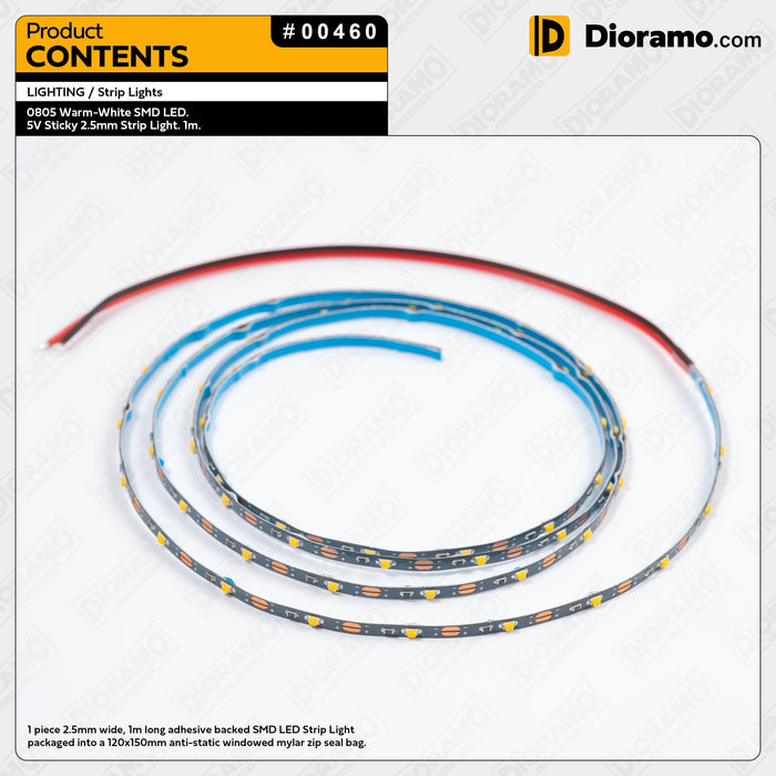 0805 Warm-White SMD LED. 5V Sticky 2.5mm Strip Light. 1m.