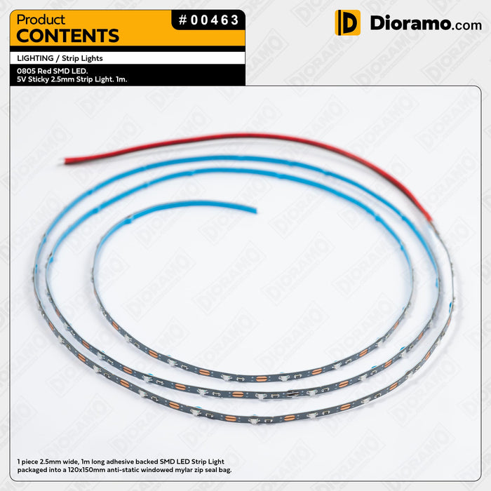 0805 Red SMD LED. 5V Sticky 2.5mm Strip Light. 1m.
