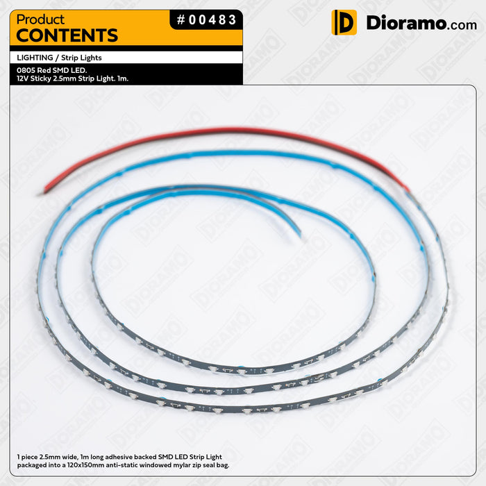 0805 Red SMD LED. 12V Sticky 2.5mm Strip Light. 1m.