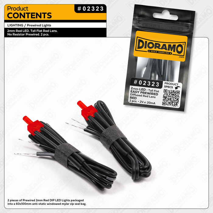 2mm Red LED. Tall Flat Red Lens. No Resistor Prewired. 2 pcs.