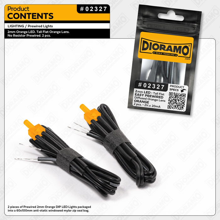 2mm Orange LED. Tall Flat Orange Lens. No Resistor Prewired. 2 pcs.