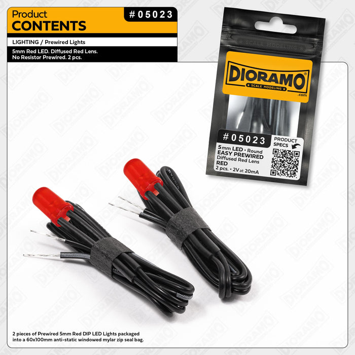 5mm Red LED. Diffused Red Lens. No Resistor Prewired. 2 pcs.