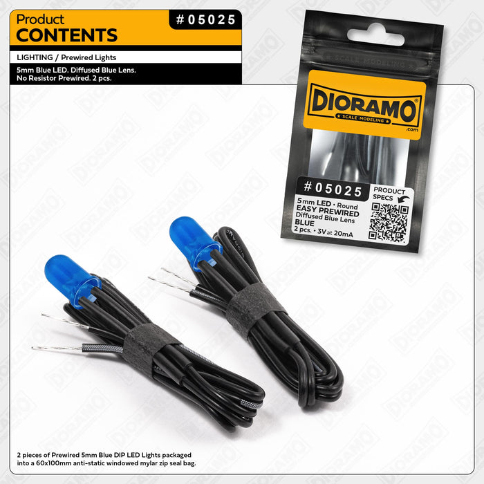 5mm Blue LED. Diffused Blue Lens. No Resistor Prewired. 2 pcs.