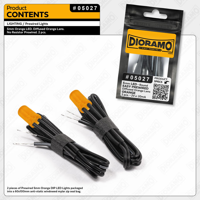 5mm Orange LED. Diffused Orange Lens. No Resistor Prewired. 2 pcs.