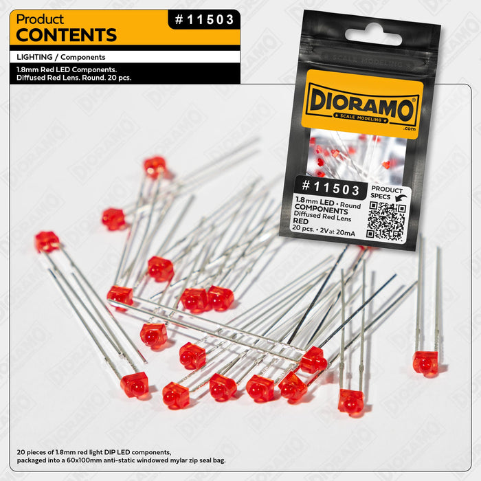 1.8mm Red LED Components. Diffused Red Lens. Round. 20 pcs.