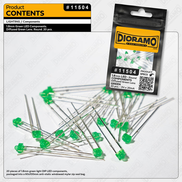 1.8mm Green LED Components. Diffused Green Lens. Round. 20 pcs.