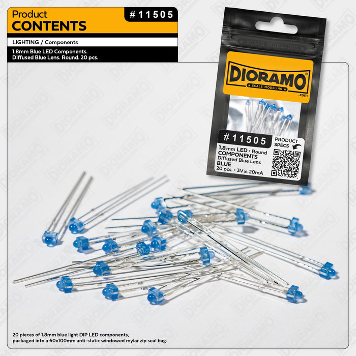 1.8mm Blue LED Components. Diffused Blue Lens. Round. 20 pcs.