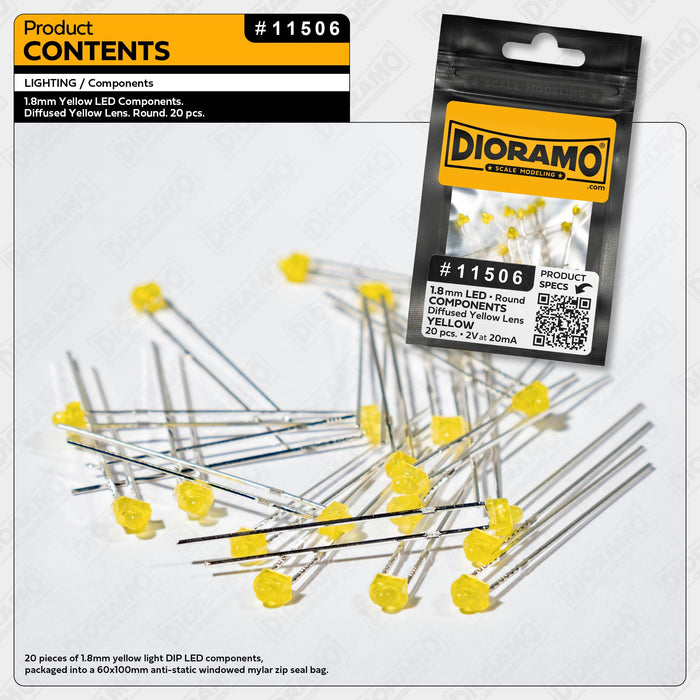 1.8mm Yellow LED Components. Diffused Yellow Lens. Round. 20 pcs.