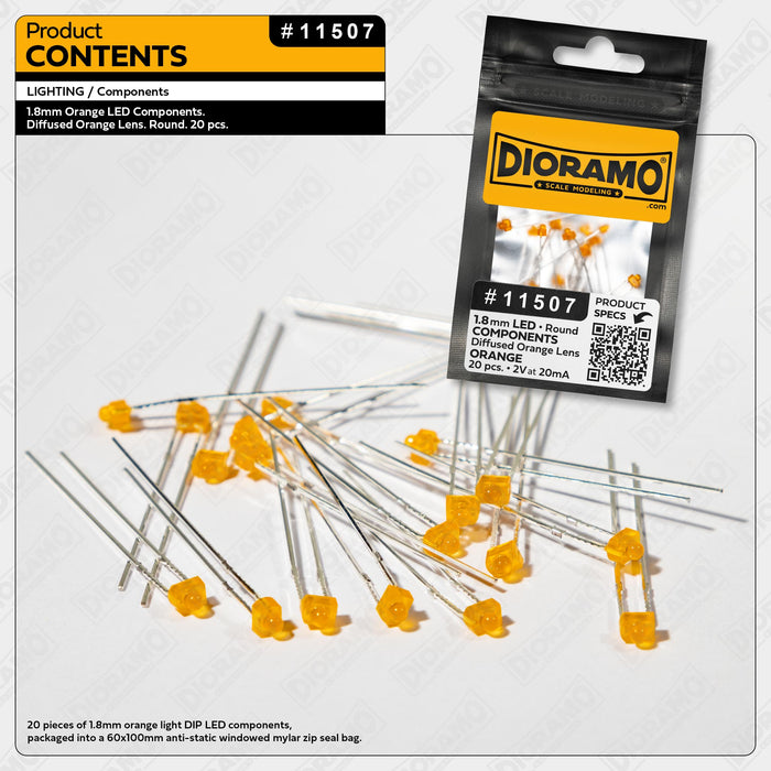 1.8mm Orange LED Components. Diffused Orange Lens. Round. 20 pcs.