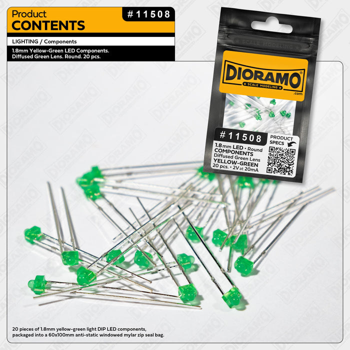 1.8mm Yellow-Green LED Components. Diffused Green Lens. Round. 20 pcs.