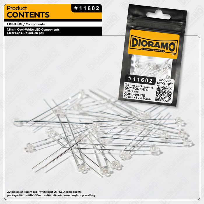1.8mm Cool-White LED Components. Clear Lens. Round. 20 pcs.
