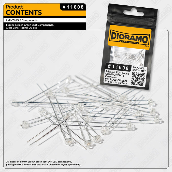 1.8mm Yellow-Green LED Components. Clear Lens. Round. 20 pcs.