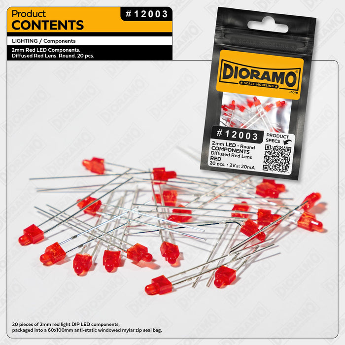 2mm Red LED Components. Diffused Red Lens. Round. 20 pcs.