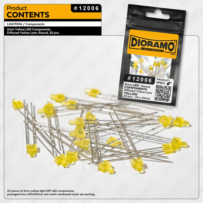 2mm Yellow LED Components. Diffused Yellow Lens. Round. 20 pcs.