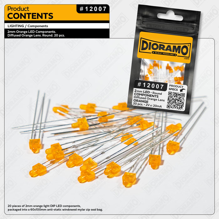 2mm Orange LED Components. Diffused Orange Lens. Round. 20 pcs.