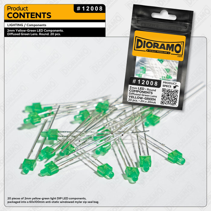 2mm Yellow-Green LED Components. Diffused Green Lens. Round. 20 pcs.