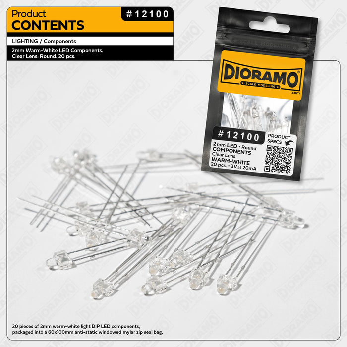 2mm Warm-White LED Components. Clear Lens. Round. 20 pcs.