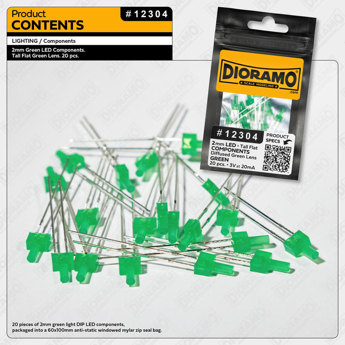 2mm Green LED Components. Tall Flat Green Lens. 20 pcs.