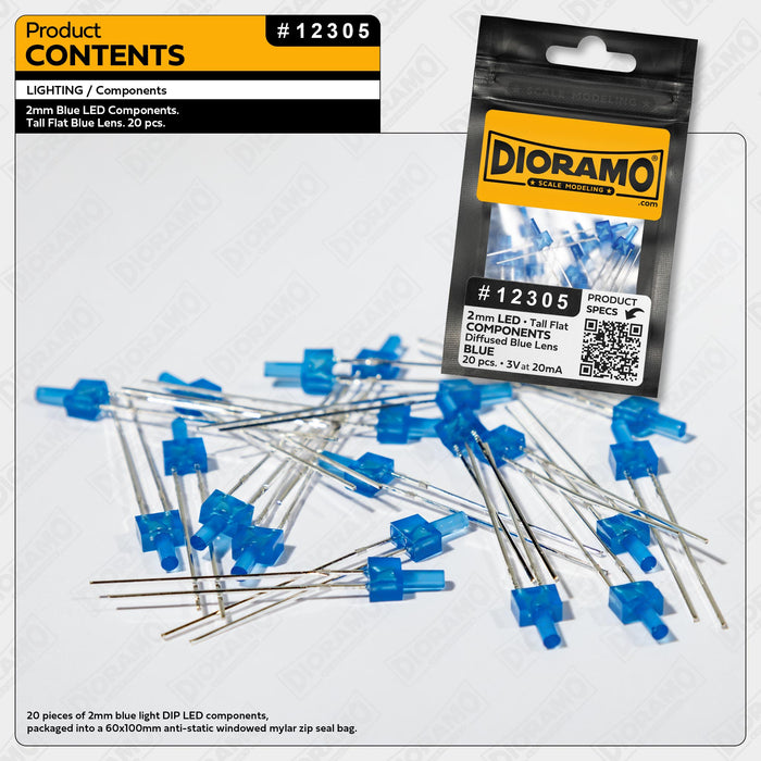 2mm Blue LED Components. Tall Flat Blue Lens. 20 pcs.